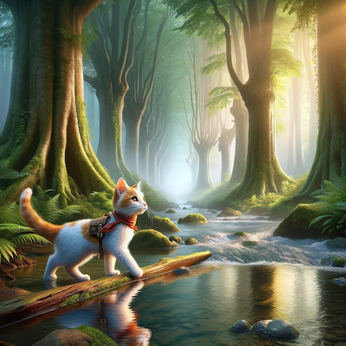 Cat on an adventure in the forest.